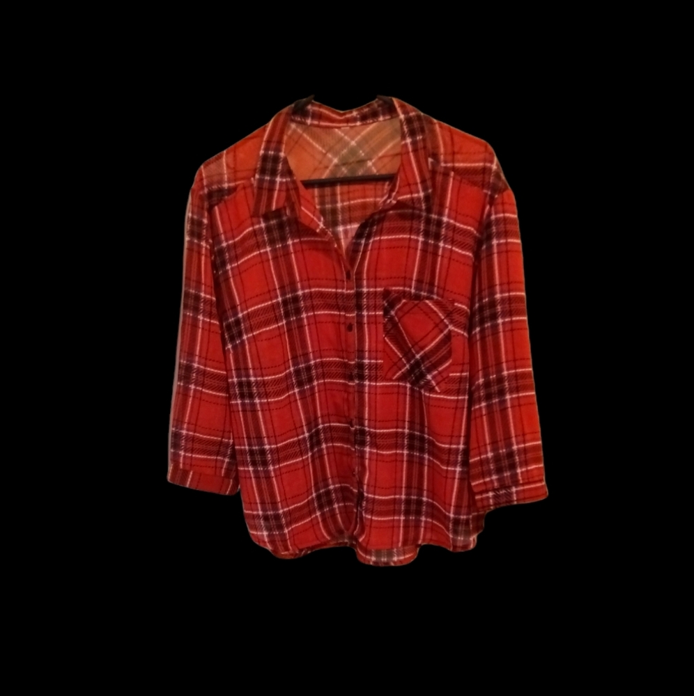 Red/black plaid blouse with an edgy surprise on the back! NOT FLANNEL!!!